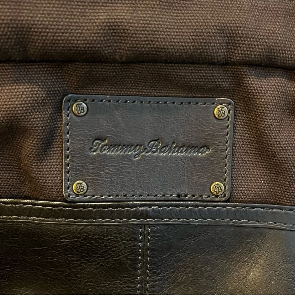 Tommy Bahama Tobago Briefcase Laptop Bag Canvas & Leather Carry Strap Map Lining